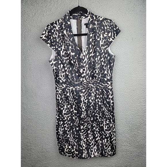 Ann Taylor Dress Womens 8 Black Brown Cream Geometric V-Neck Corpcore Siren - Picture 1 of 16